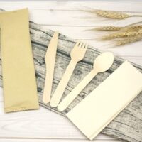 160mm Wooden Cutlery kit wrapped in Paper Bag - Image 2